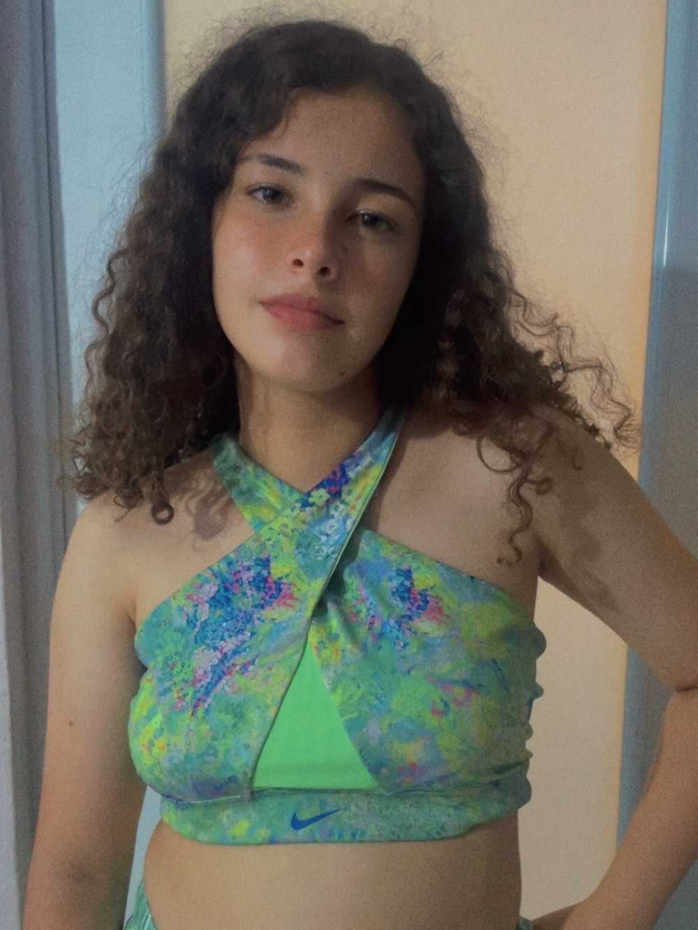 Nike Multicolor Green Tie-Front Crop Sports Top